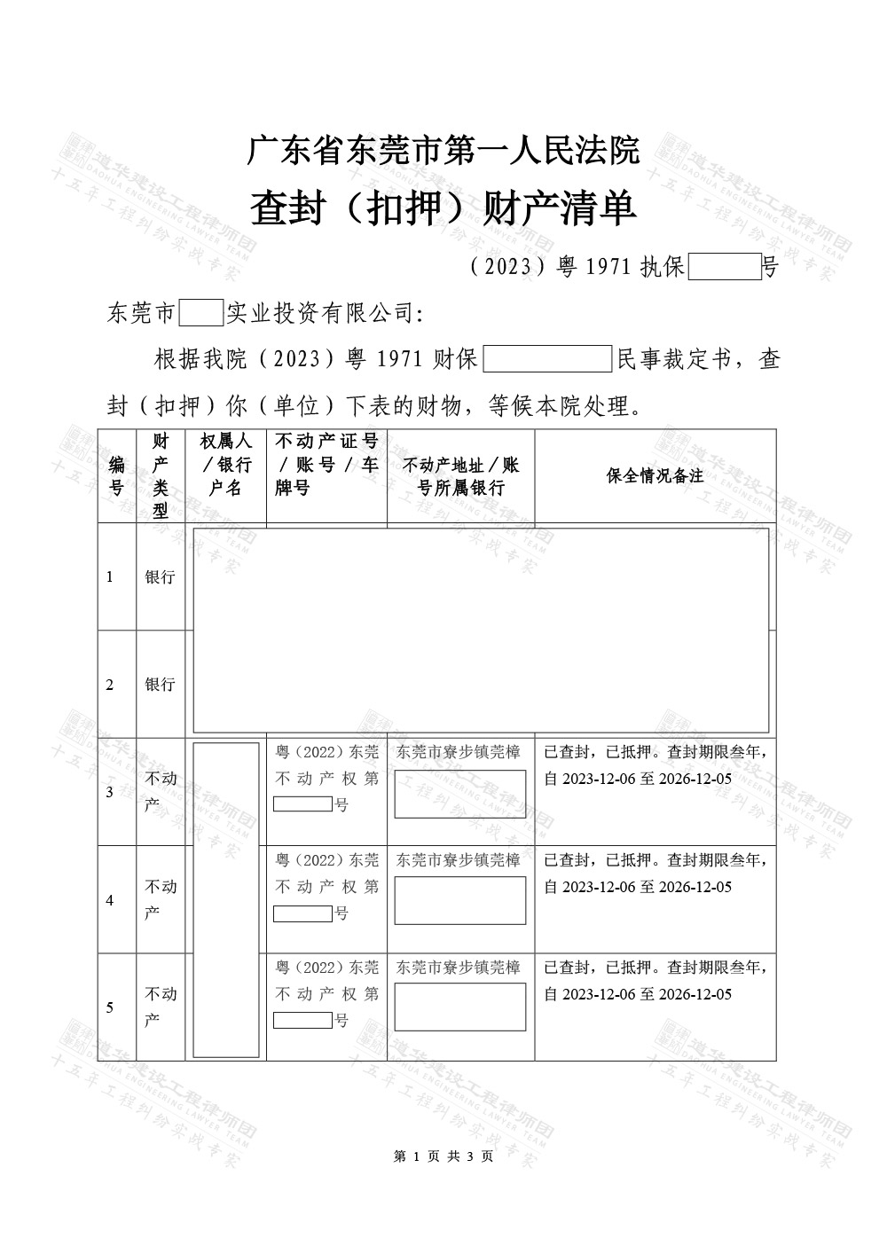 查封扣押财产清单